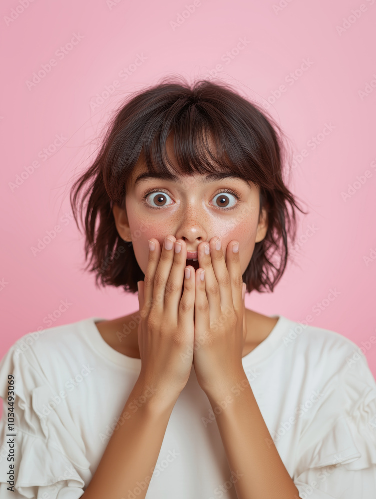 Surprised young woman with hands on her face against pink background Surprised young woman with hands on her face against pink background
