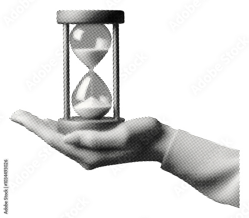 hand holding hourglass with sand isolated retro halftone grunge dotted cut-out collage element for mixed media design