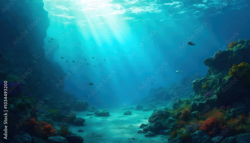 Fototapeta premium A serene underwater scene showcasing the beauty of the sea or ocean, with vibrant marine life and intricate coral formations, capturing the essence of deep nature.