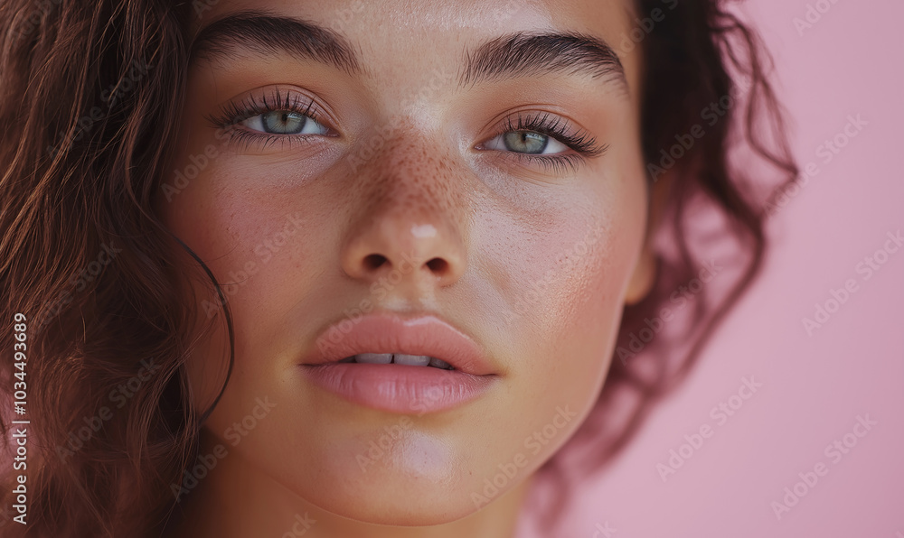 A brunette model with posing for a camera in a skincare commercial, against a pink background A brunette model with posing for a camera in a skincare commercial, against a pink background