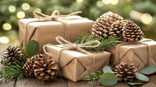 Sustainable holiday gifts wrapped in brown paper with pinecones and greenery.