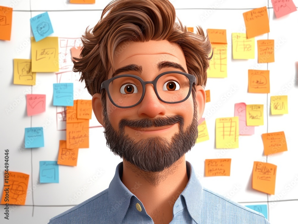 Smiling Cartoon Man with Sticky Notes Smiling Cartoon Man with Sticky Notes