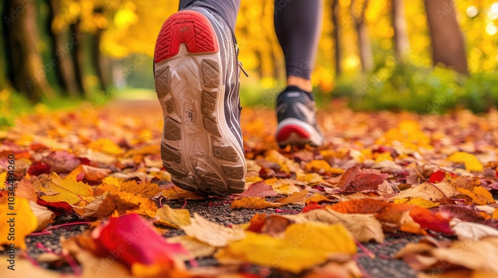 Close-Up of Running Shoes on a Leaf-Covered Pathway During Autumn in a Vibrant Forest Setting