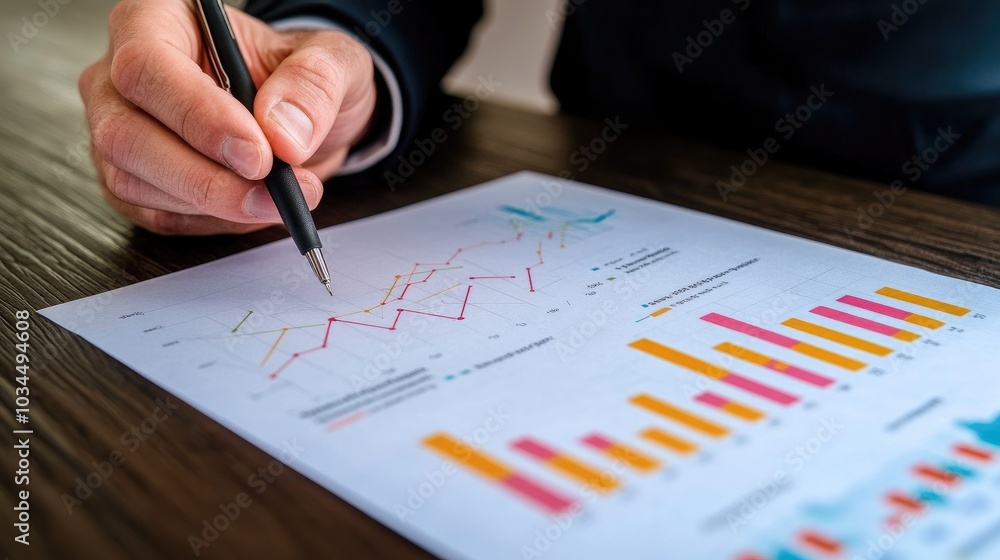 Business Professional Analyzing Financial Graphs and Charts on a Wooden Desk with Pen in Hand for Strategic Planning Business Professional Analyzing Financial Graphs and Charts on a Wooden Desk with Pen in Hand for Strategic Planning