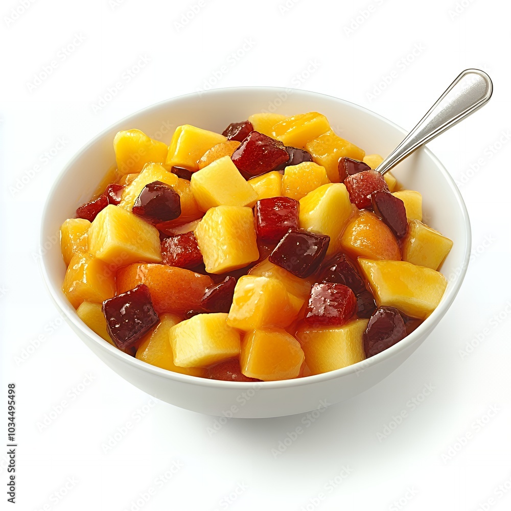A bowl of diced fruit salad with a spoon. A bowl of diced fruit salad with a spoon.