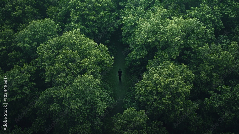 Overhead view of a solitary man walking through a forest on a rainy day, with ample copy space surrounding the scene Overhead view of a solitary man walking through a forest on a rainy day, with ample copy space surrounding the scene