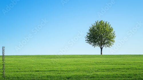 One tree on a green, grassy field with a blue sky background.