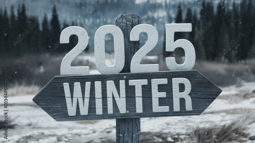 Snowy landscape with 2025 winter text on signpost Snowy landscape with 2025 winter text on signpost