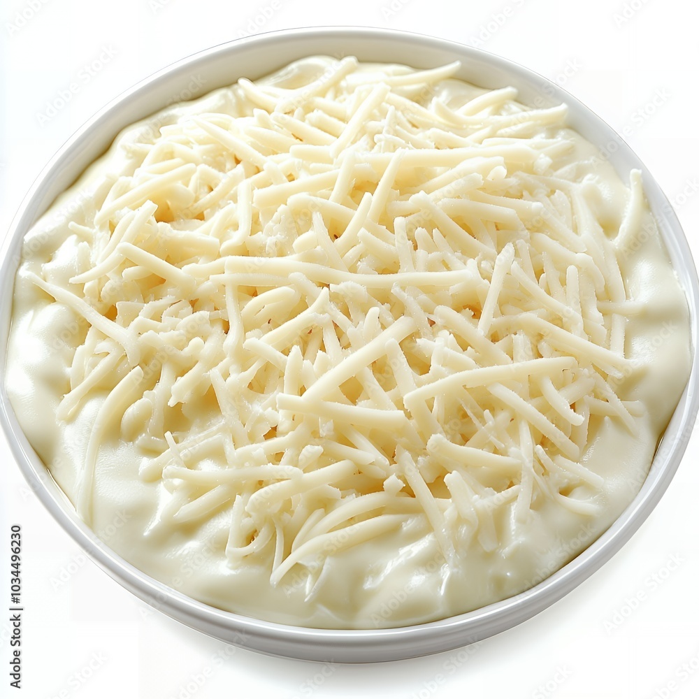 Creamy white sauce topped with shredded cheese. Creamy white sauce topped with shredded cheese.