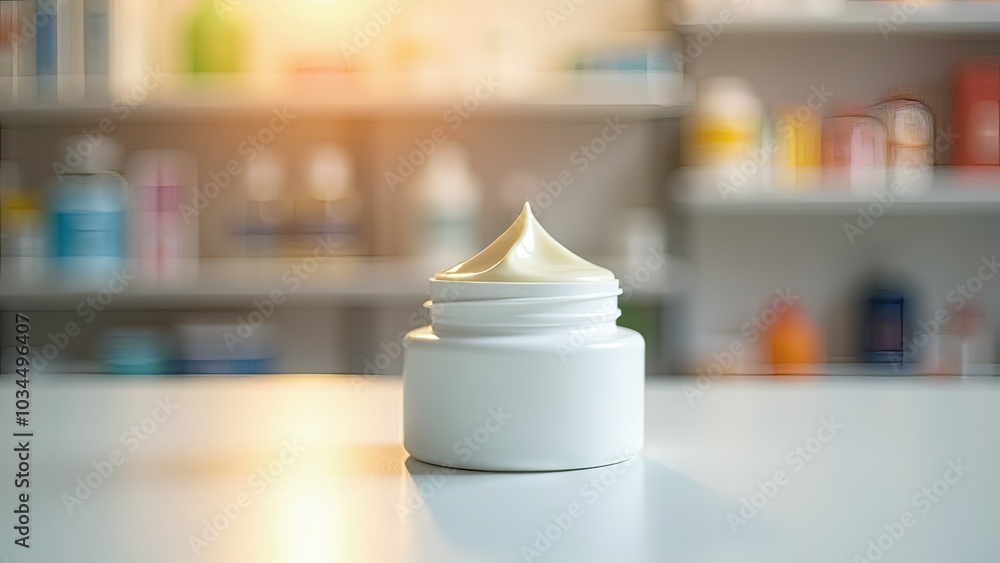 Generative, AI, Open white jar with cream on a blurred background, skincare product in a minimalistic setting.
Generative, AI, Open white jar with cream on a blurred background, skincare product in a minimalistic setting.