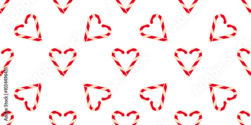 Candy Cane Pattern in Heart shape on white background. Seamless New Year print. Striped Christmas lollipop. Sweet holiday food. Love, romance, reciprocity. Wrapping paper. Colored Vector illustration