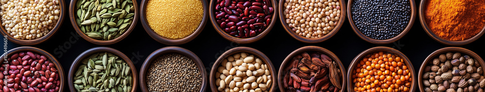 A colorful array of spices and herbs arranged in small bowls, including cumin powder, turmeric roots, cardamom seeds, A colorful array of spices and herbs arranged in small bowls, including cumin powder, turmeric roots, cardamom seeds,