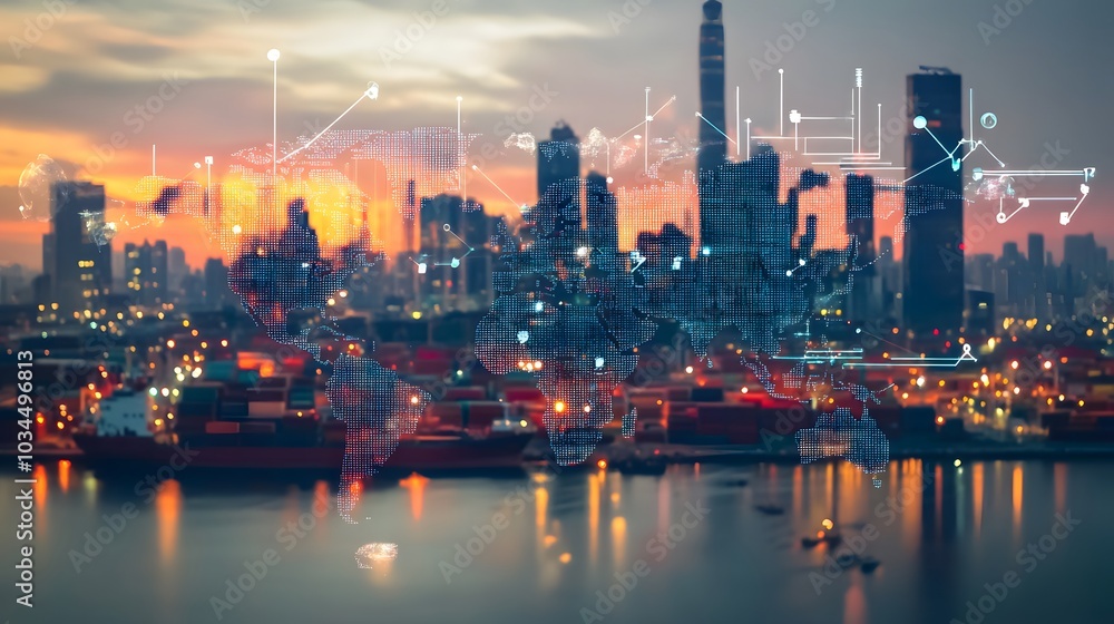 Fototapeta premium Digital World Map Projected Over a Cityscape at Sunset