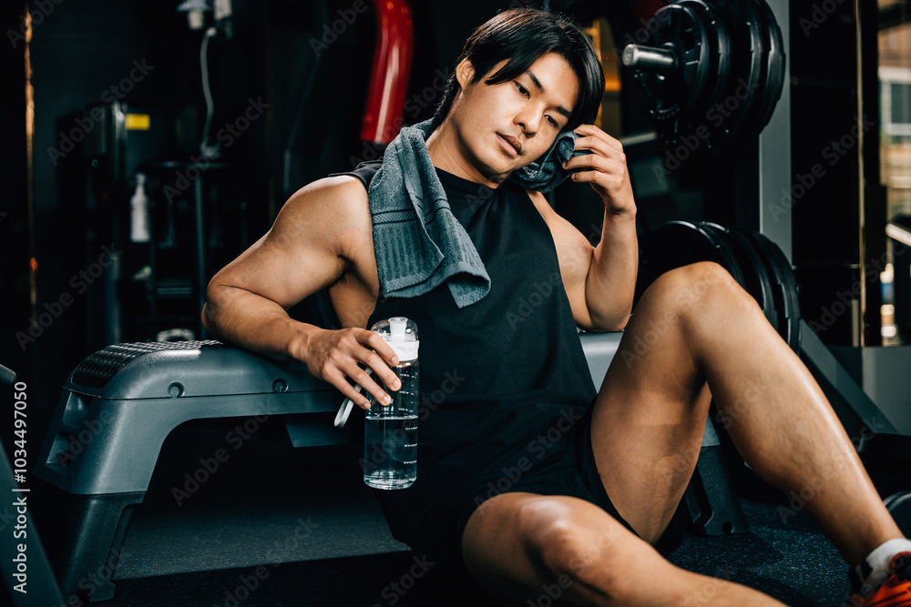 Portrait of Asian young man trained body in black sportswear sitting resting holding water or proteins on a bench after a workout in fitness gym, Weight training, healthy lifestyle concept Portrait of Asian young man trained body in black sportswear sitting resting holding water or proteins on a bench after a workout in fitness gym, Weight training, healthy lifestyle concept