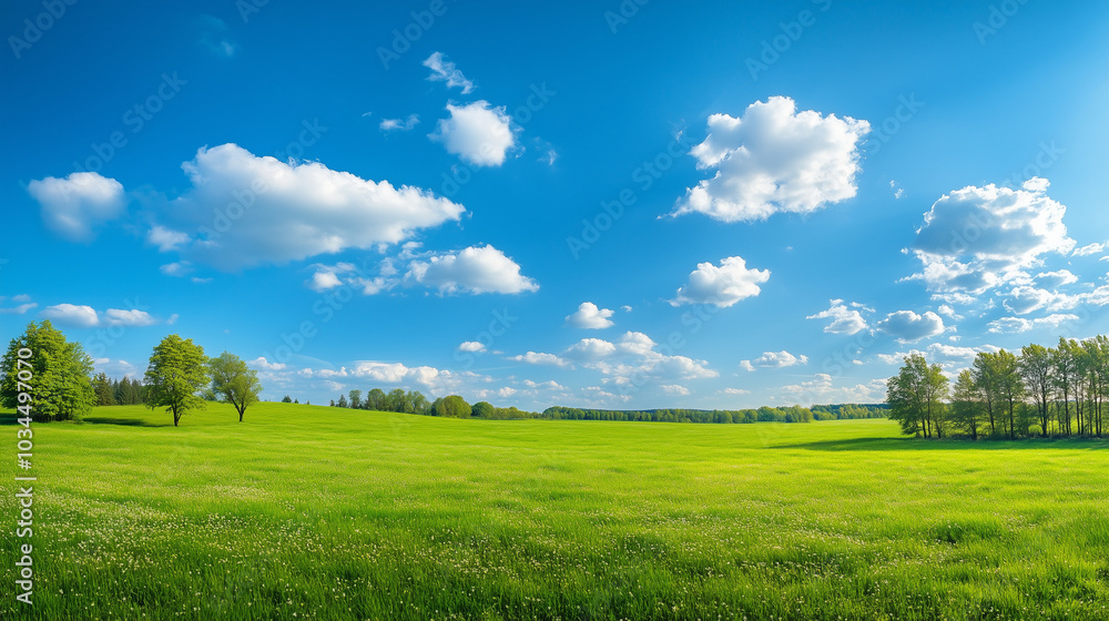 Obraz premium A panoramic view of a green meadow with trees and a blue sky with clouds, a field of yellow dandelions.
