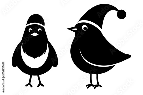 Robin with Santa Claus hats isolatedon white,vector new year elements for christmas design silhouette .