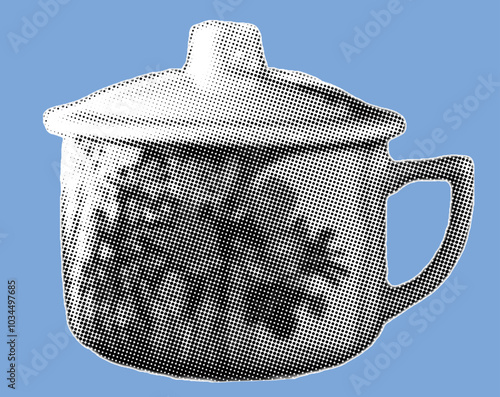 close up dirty cup of coffee pixelate grayscale color halftone dotted texture style collage element isolated on blue background