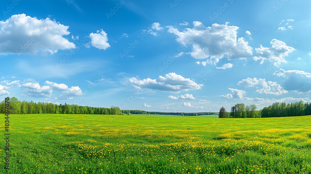 A panoramic view of a green meadow with trees and a blue sky with clouds, a field of yellow dandelions. A panoramic view of a green meadow with trees and a blue sky with clouds, a field of yellow dandelions.