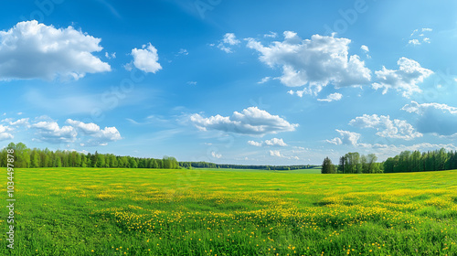 A panoramic view of a green meadow with trees and a blue sky with clouds, a field of yellow dandelions.