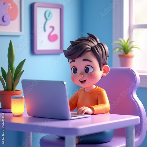 Cartoon boy happily using a laptop in a colorful room, with a desk lamp and plants nearby. Concept of learning, productivity, and creativity in a cozy home environment.
