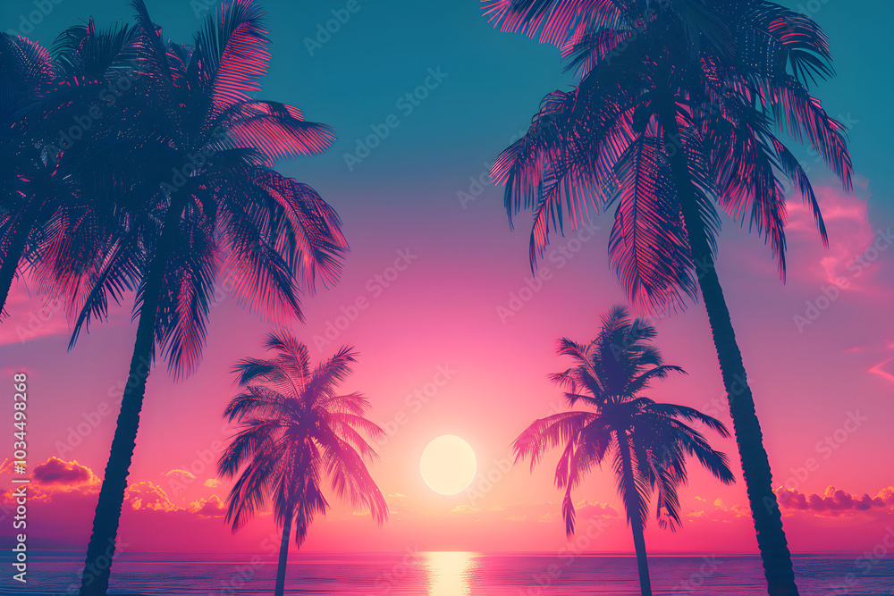 Palm trees on the beach. Silhouettes of palm trees against a neon sunset. Summer pink tropical background. The concept of travel and vacation. Palm trees on the beach. Silhouettes of palm trees against a neon sunset. Summer pink tropical background. The concept of travel and vacation.