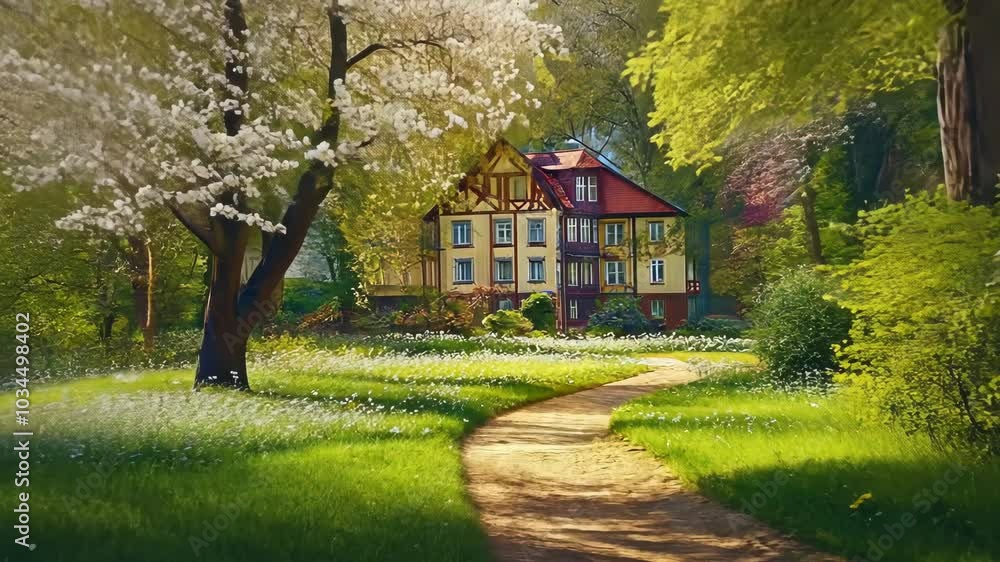 A winding path leads to a charming house surrounded by lush greenery on a sunny day A winding path leads to a charming house surrounded by lush greenery on a sunny day