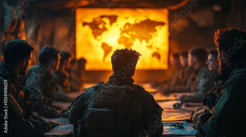 In a dimly lit command center, military personnel gather around a large world map, engaged in an intense strategy session. The atmosphere is focused and serious.