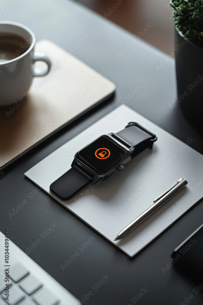 The lock icon is prominently displayed on a smartwatch in a minimalist office environment. The clean desk features only essential items like a coffee cup, pen, and notepad, creating a sense of modern The lock icon is prominently displayed on a smartwatch in a minimalist office environment. The clean desk features only essential items like a coffee cup, pen, and notepad, creating a sense of modern
