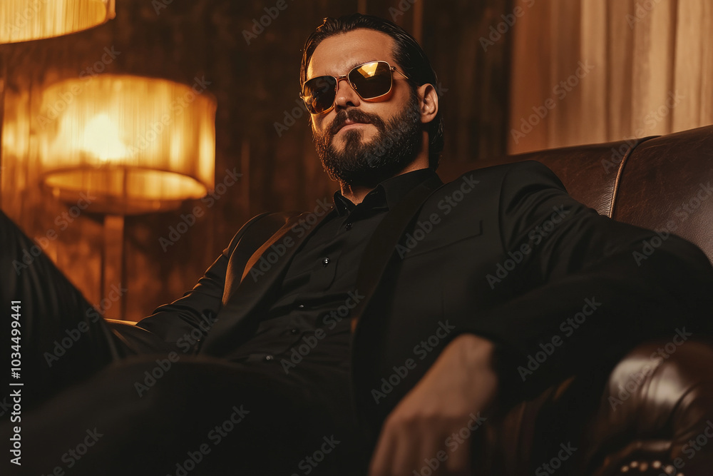 A bearded man in a tailored black suit and reflective sunglasses sits at ease in a leather chair, his posture relaxed yet commanding. The elegant setting, filled with soft, ambient lighting and A bearded man in a tailored black suit and reflective sunglasses sits at ease in a leather chair, his posture relaxed yet commanding. The elegant setting, filled with soft, ambient lighting and