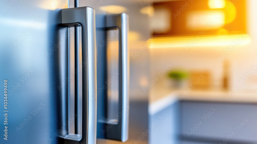 Sleek stainless steel refrigerator handles in a modern kitchen setting, AI Sleek stainless steel refrigerator handles in a modern kitchen setting, AI