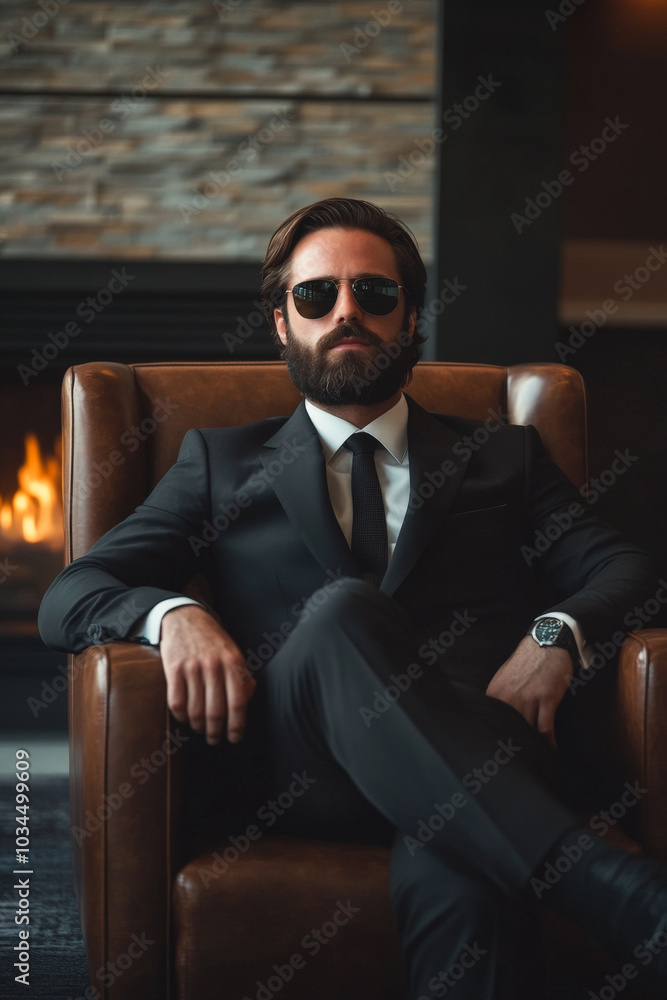 Reclined in a rich brown leather chair, a man with a well-groomed beard and stylish sunglasses wears a sharp suit. The sophisticated ambiance, complete with a modern fireplace and moody lighting, Reclined in a rich brown leather chair, a man with a well-groomed beard and stylish sunglasses wears a sharp suit. The sophisticated ambiance, complete with a modern fireplace and moody lighting,