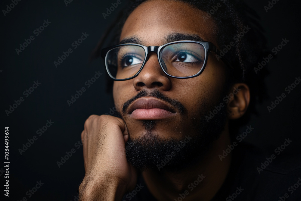 A young African American man with glasses and a beard rests his chin thoughtfully on his hand while gazing into the distance. The dark backdrop adds depth to his contemplative mood, emphasizing his A young African American man with glasses and a beard rests his chin thoughtfully on his hand while gazing into the distance. The dark backdrop adds depth to his contemplative mood, emphasizing his