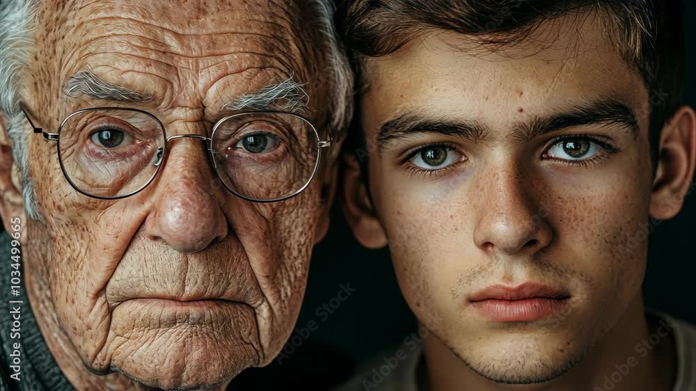 A close-up portrait of an elderly man and a young man, side-by-side, capturing the passage of time A close-up portrait of an elderly man and a young man, side-by-side, capturing the passage of time