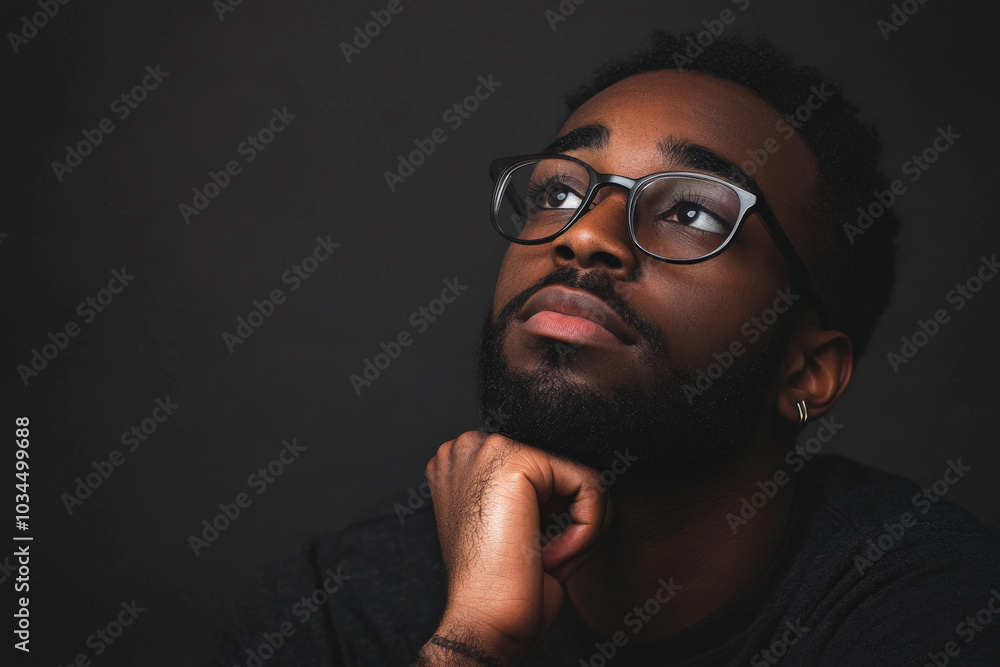 A young African American man with glasses and a well-groomed beard thoughtfully rests his chin on his hand, gazing forward. The dark backdrop adds depth and enhances his introspective demeanor.