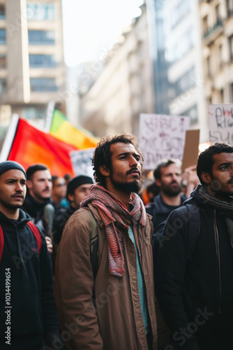 Migrants hold up signs and banners as they protest peacefully in an urban setting. The groupâ€™s diversity reflects solidarity as they demand better living conditions and human rights for all.