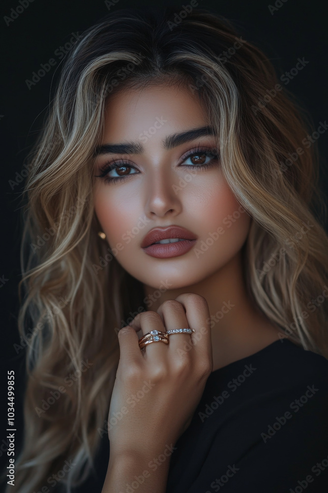 A young Arabian woman with wavy blonde hair flaunts her stylish rings, with her makeup enhancing her bold features. She stands against a sleek, elegant background that complements her modern, chic A young Arabian woman with wavy blonde hair flaunts her stylish rings, with her makeup enhancing her bold features. She stands against a sleek, elegant background that complements her modern, chic