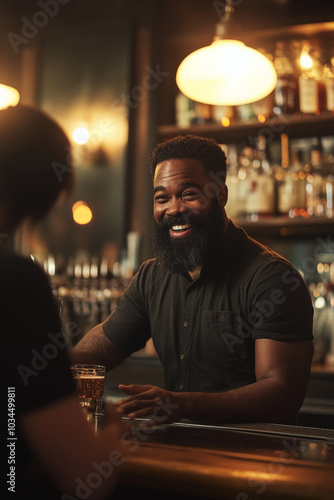 A charismatic African American bartender with a thick beard, engaging smile, and welcoming personality chats with customers at a lively pub. The pub is filled with warm, cozy light, creating a relaxed