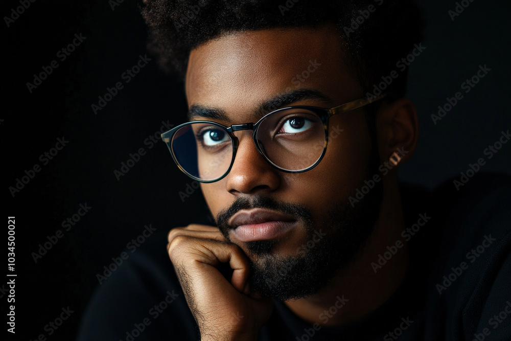 A young African American man with glasses and a well-groomed beard thoughtfully rests his chin on his hand, gazing forward. The dark backdrop adds depth and enhances his introspective demeanor. A young African American man with glasses and a well-groomed beard thoughtfully rests his chin on his hand, gazing forward. The dark backdrop adds depth and enhances his introspective demeanor.