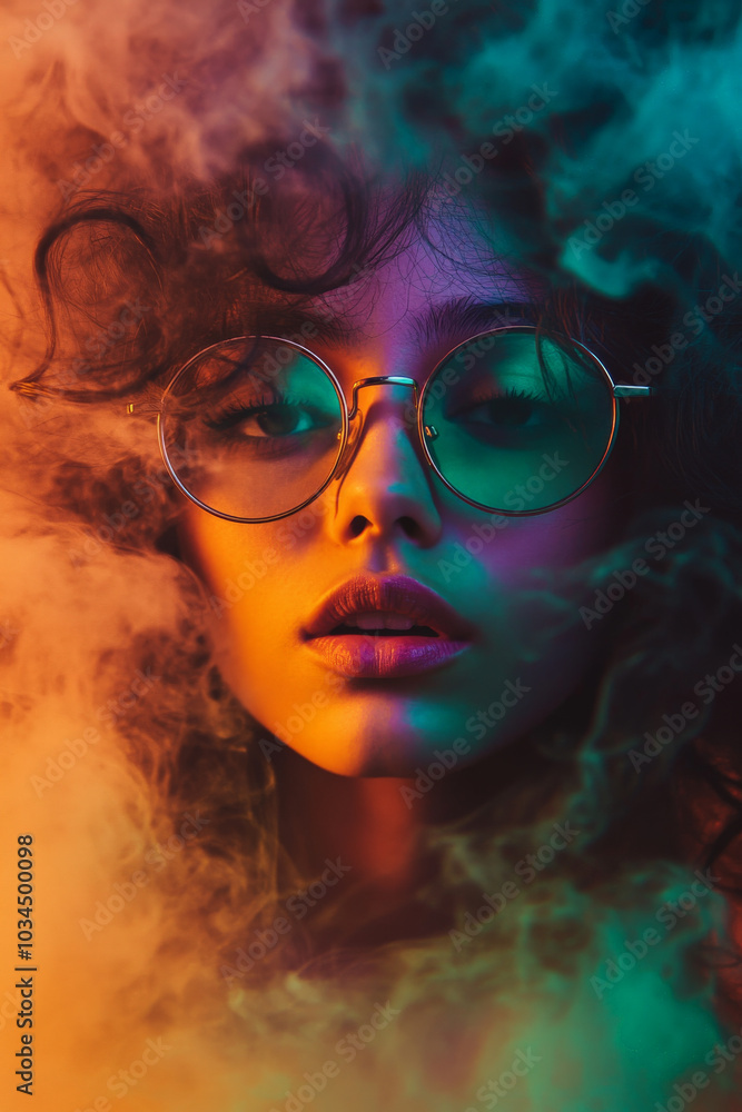 A close-up of a young person with bold round glasses, surrounded by thick, colorful smoke swirls in hues of green, orange, and purple. The creative composition enhances the person's quirky, artistic A close-up of a young person with bold round glasses, surrounded by thick, colorful smoke swirls in hues of green, orange, and purple. The creative composition enhances the person's quirky, artistic