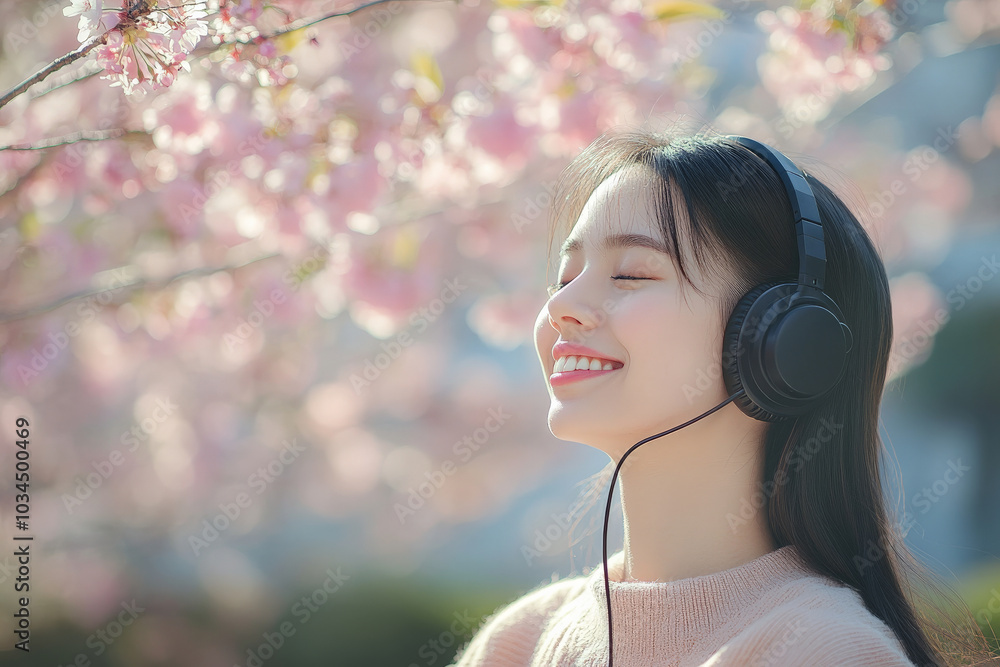 A stylish young Japanese woman enjoys a moment of relaxation in a tranquil garden, wearing headphones and a content smile as she immerses herself in calming music. The cherry blossoms around her A stylish young Japanese woman enjoys a moment of relaxation in a tranquil garden, wearing headphones and a content smile as she immerses herself in calming music. The cherry blossoms around her