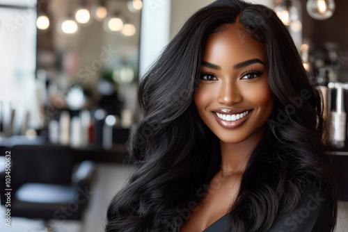 Wallpaper Mural A stunning African American woman with glossy, wavy long hair is the star of this hair salon banner. Her hair shines under the salon lights, framing her radiant smile as she confidently poses in an Torontodigital.ca