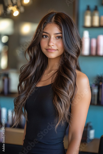 This hair salon banner features a striking Hispanic woman with shiny, wavy long hair that cascades down her shoulders. She stands in a chic salon setting, surrounded by trendy hair products,