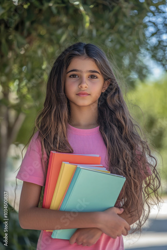 A young Arabian girl with long wavy hair, wearing a pink t-shirt and holding several colorful notebooks, stands confidently outside her school. She looks ready and excited for a day of learning as the