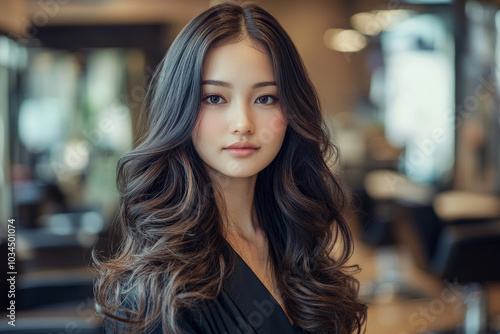 Wallpaper Mural A captivating Japanese woman with luxurious, wavy long hair highlights this hair salon banner. Her hair flows effortlessly as she poses elegantly, embodying the essence of sophistication against a Torontodigital.ca