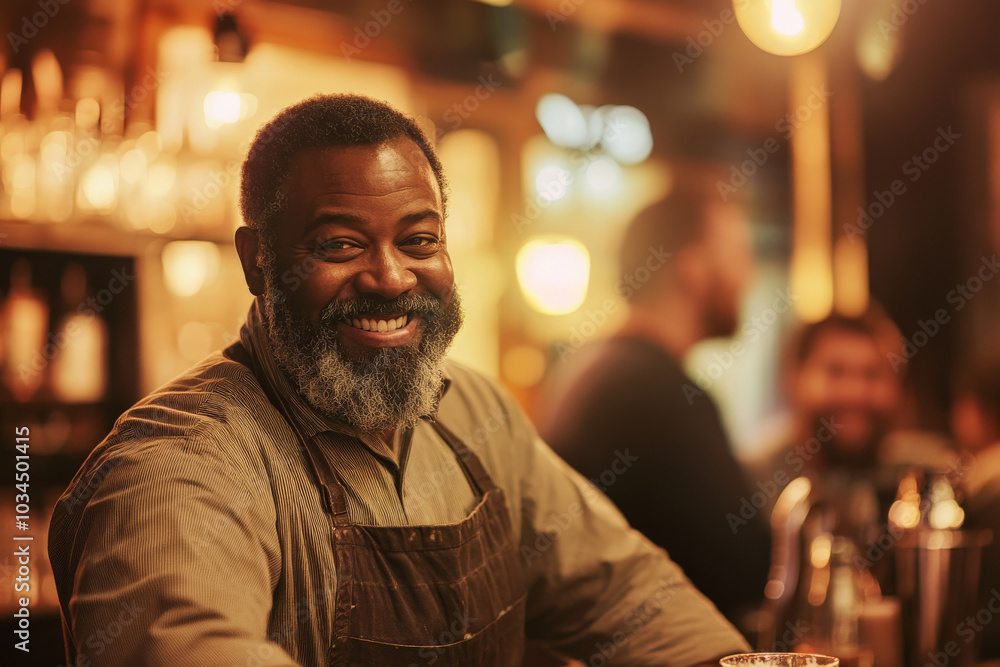 A middle-aged Black bartender with a thick beard and a bright smile engages warmly with customers at a lively pub. The warm evening light illuminates the cozy atmosphere as he serves drinks with A middle-aged Black bartender with a thick beard and a bright smile engages warmly with customers at a lively pub. The warm evening light illuminates the cozy atmosphere as he serves drinks with