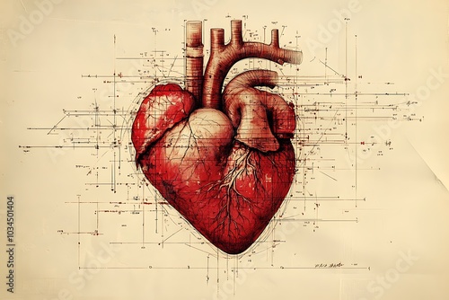 A vintage anatomical illustration of the human heart with technical sketches.