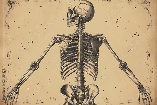 Vintage anatomical illustration of a human skeleton.