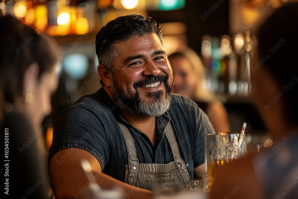 A middle-aged Hispanic bartender with a thick beard and a cheerful smile engages with customers at a busy pub. The warm atmosphere and evening glow enhance the friendly, lively interaction as he A middle-aged Hispanic bartender with a thick beard and a cheerful smile engages with customers at a busy pub. The warm atmosphere and evening glow enhance the friendly, lively interaction as he
