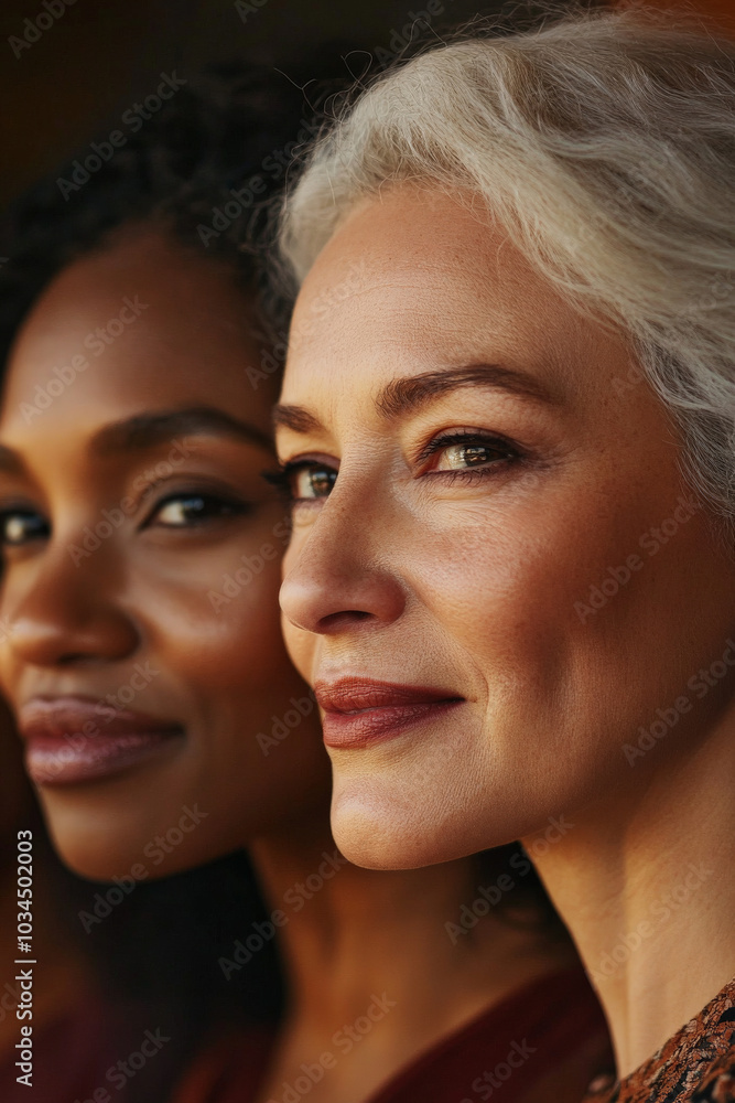 A close-up shot of women of different ages and ethnicities standing together, smiling softly. Warm lighting adds a comforting glow to their faces, emphasizing the beauty of diversity and togetherness. A close-up shot of women of different ages and ethnicities standing together, smiling softly. Warm lighting adds a comforting glow to their faces, emphasizing the beauty of diversity and togetherness.