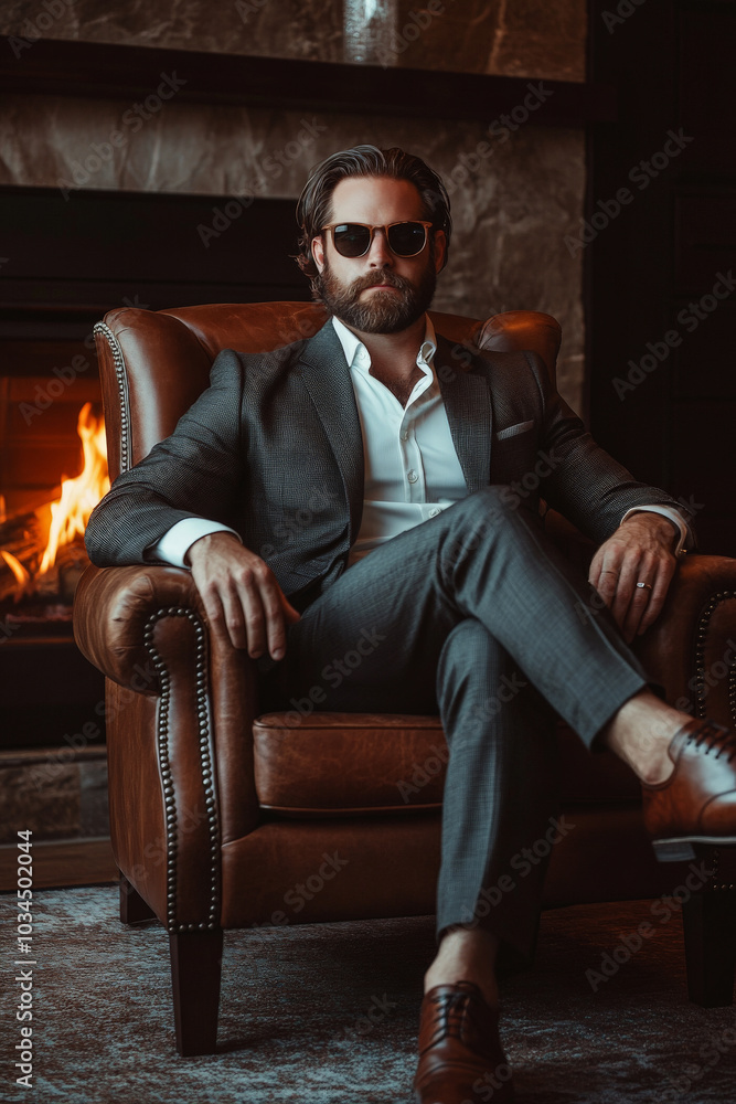 Reclined in a rich brown leather chair, a man with a well-groomed beard and stylish sunglasses wears a sharp suit. The sophisticated ambiance, complete with a modern fireplace and moody lighting, Reclined in a rich brown leather chair, a man with a well-groomed beard and stylish sunglasses wears a sharp suit. The sophisticated ambiance, complete with a modern fireplace and moody lighting,